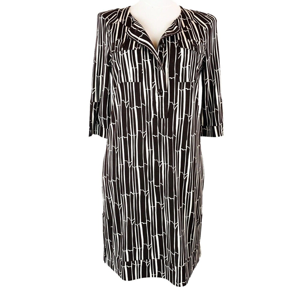 Diane Von Furstenberg 3/4 Sleeve Shirtdress Brown, White. Sz 8. Stretch. Pockets